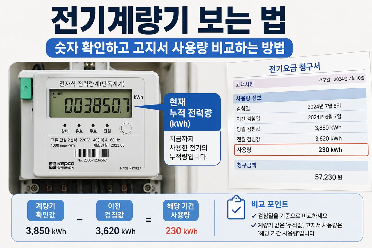 전기계량기 보는 법｜숫자 확인하고 고지서 사용량 비교하는 방법