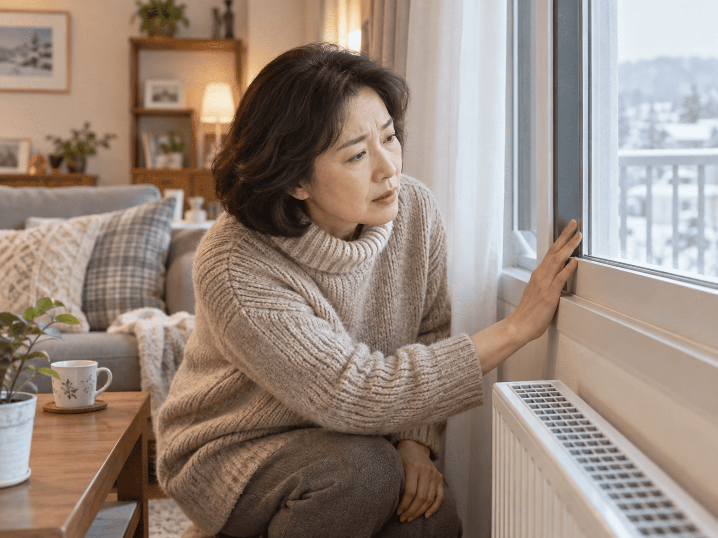 겨울철 거실 창가에서 외풍과 냉기를 확인하는 모습