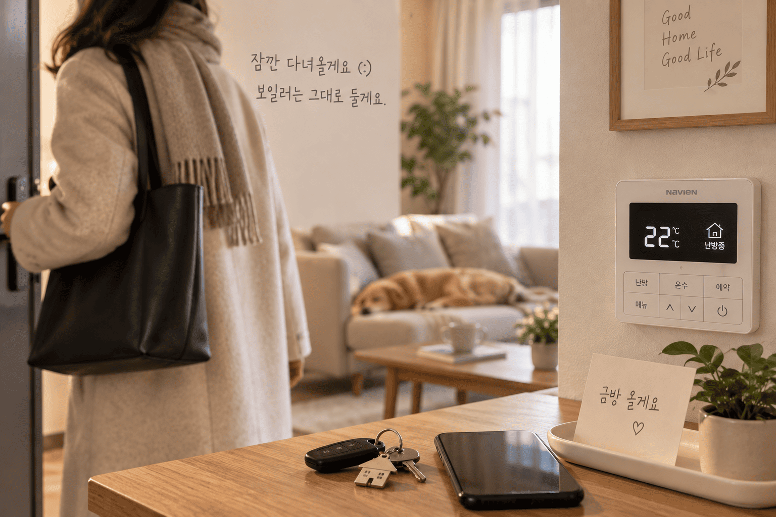 짧은 외출 전 보일러 설정을 그대로 유지하는 모습