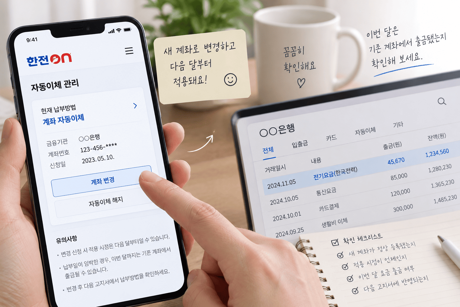 전기요금 자동이체 해지 후 통장 출금내역과 납부상태를 확인하는 모습