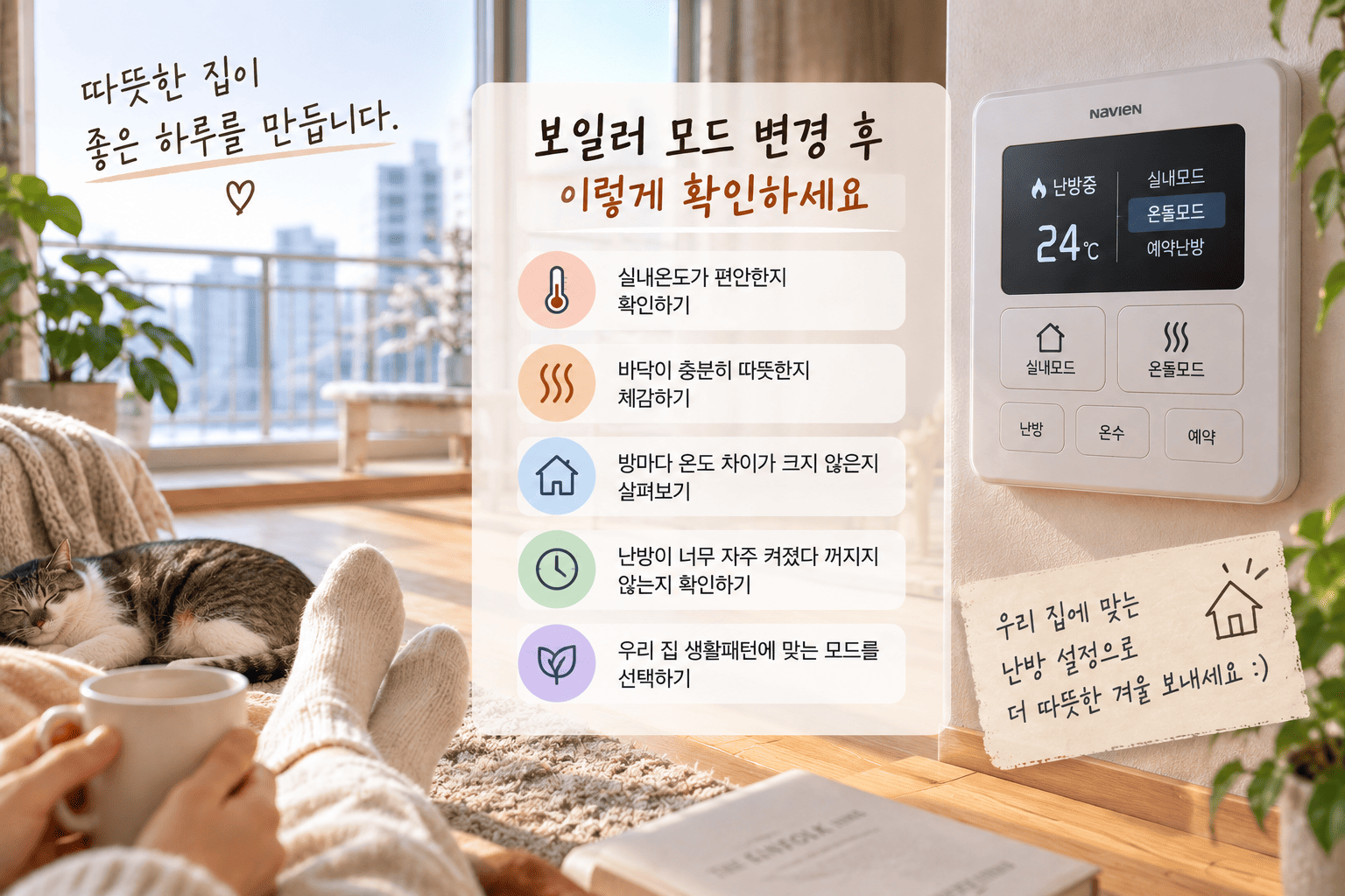 보일러 모드를 바꾼 뒤 거실 바닥의 따뜻함과 실내 체감을 확인하는 모습
