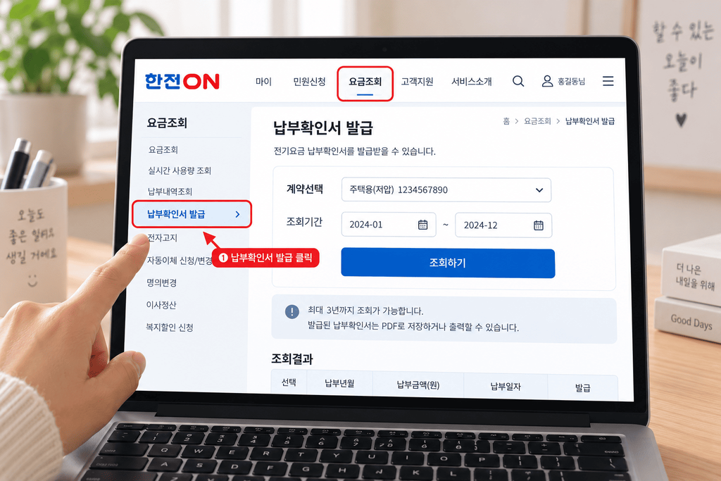한전ON에서 전기요금 납부확인서 발급 메뉴를 확인하는 모습