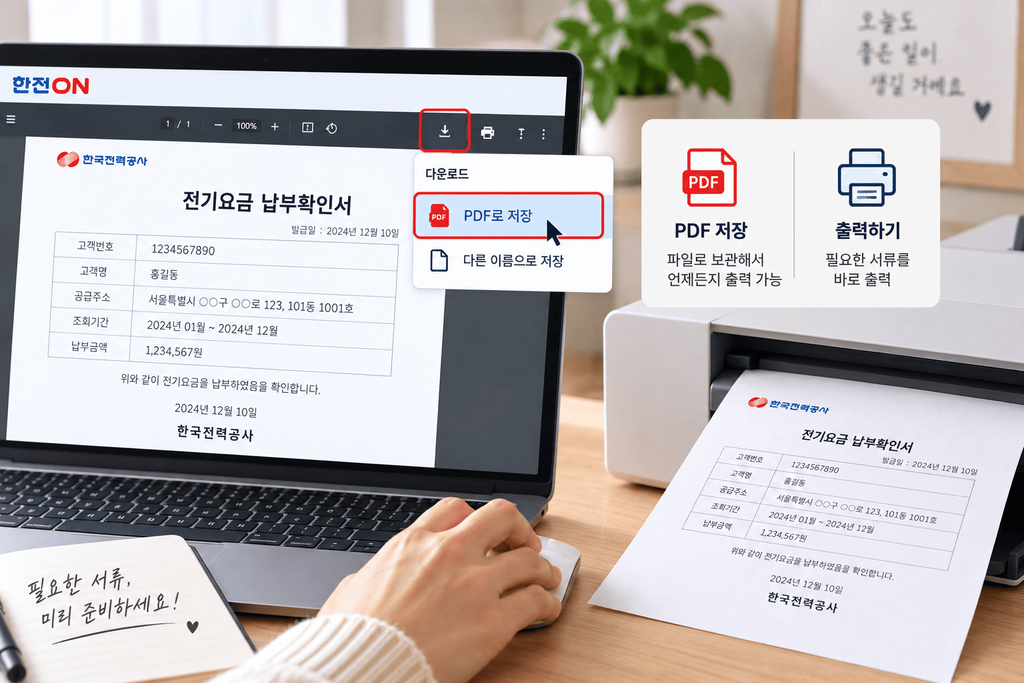 전기요금 납부확인서를 PDF로 저장하고 출력하는 모습