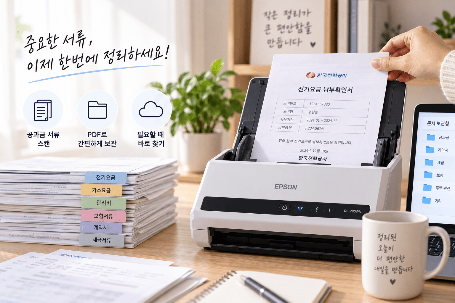 집에서 공과금과 각종 서류를 문서 스캐너로 정리하는 모습