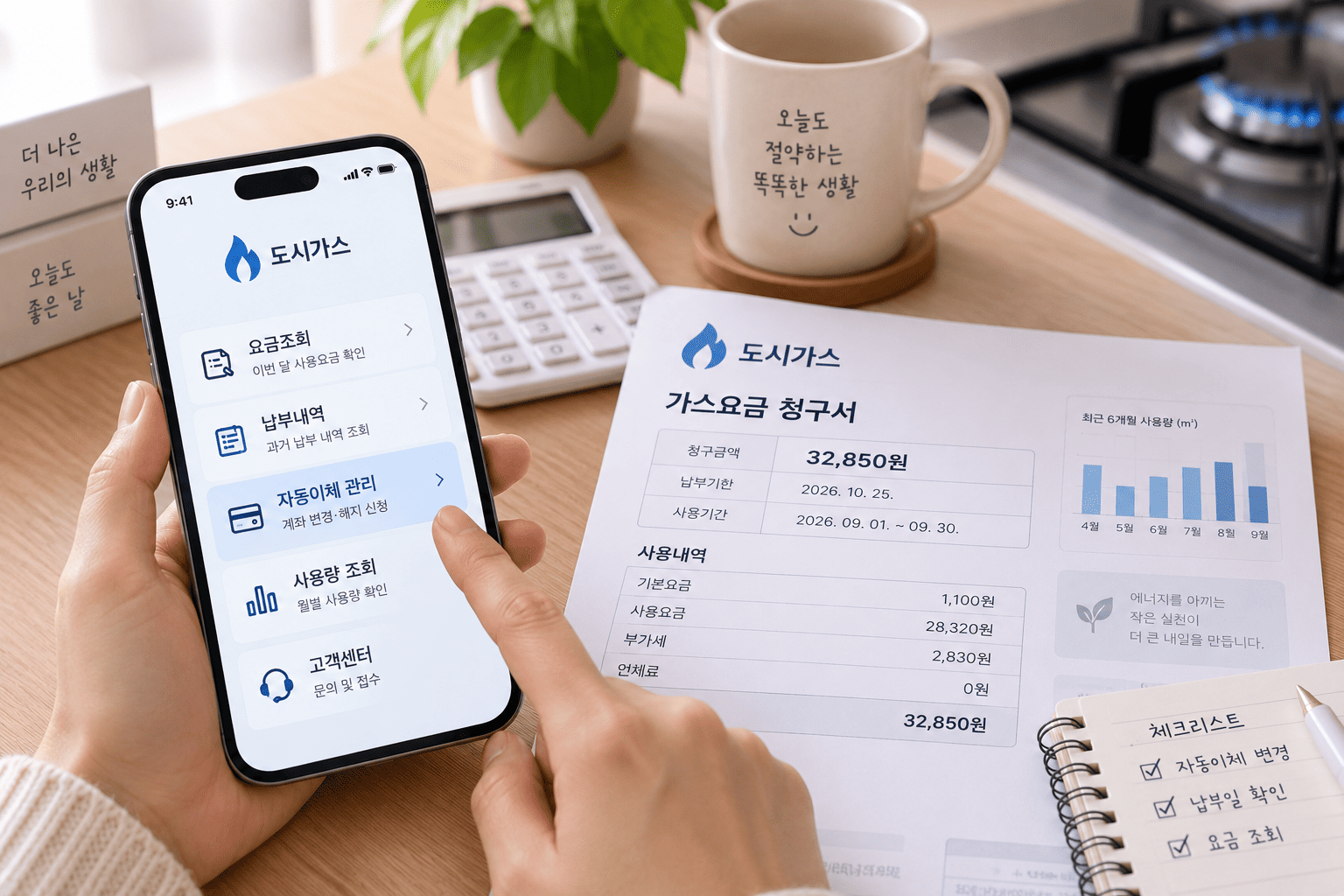 도시가스 요금과 자동이체 정보를 확인하는 모습