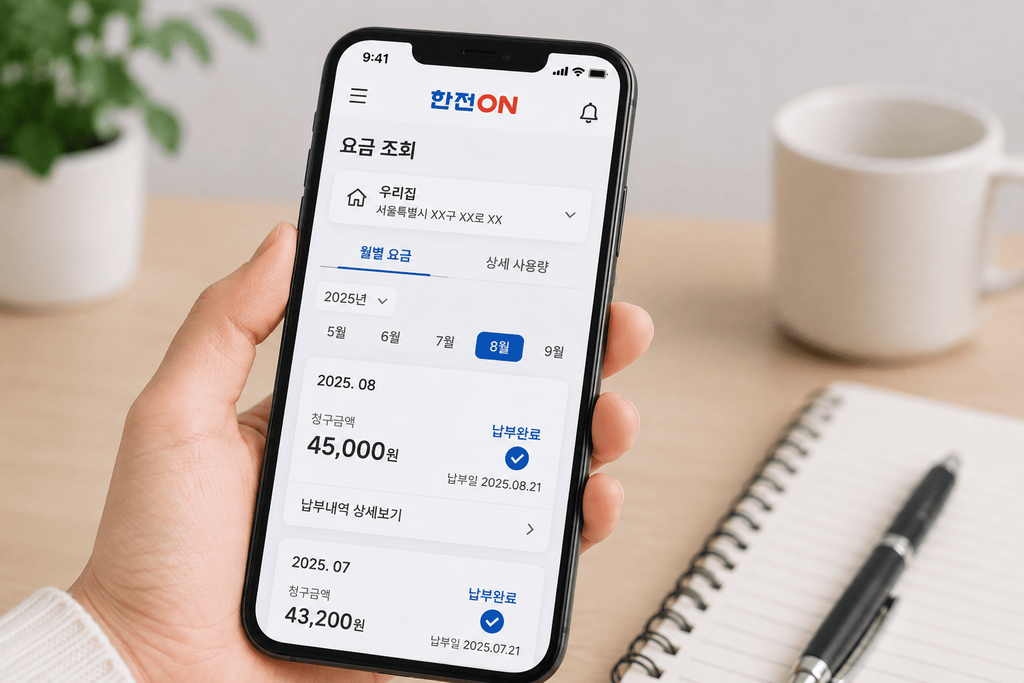 한전ON에서 월별 전기요금과 납부 여부 확인하는 화면