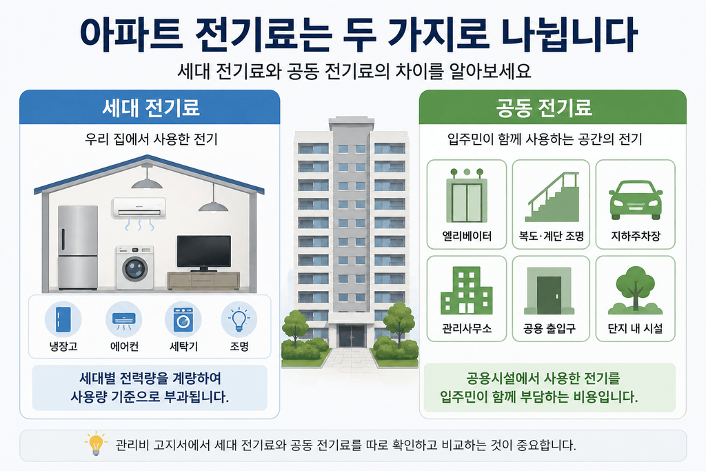 아파트 세대 전기료와 공동 전기료가 사용되는 공간 차이