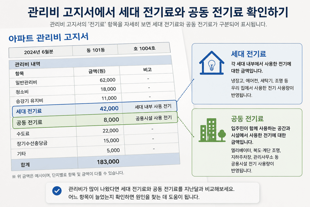 아파트 관리비 고지서에서 세대 전기료와 공동 전기료 비교