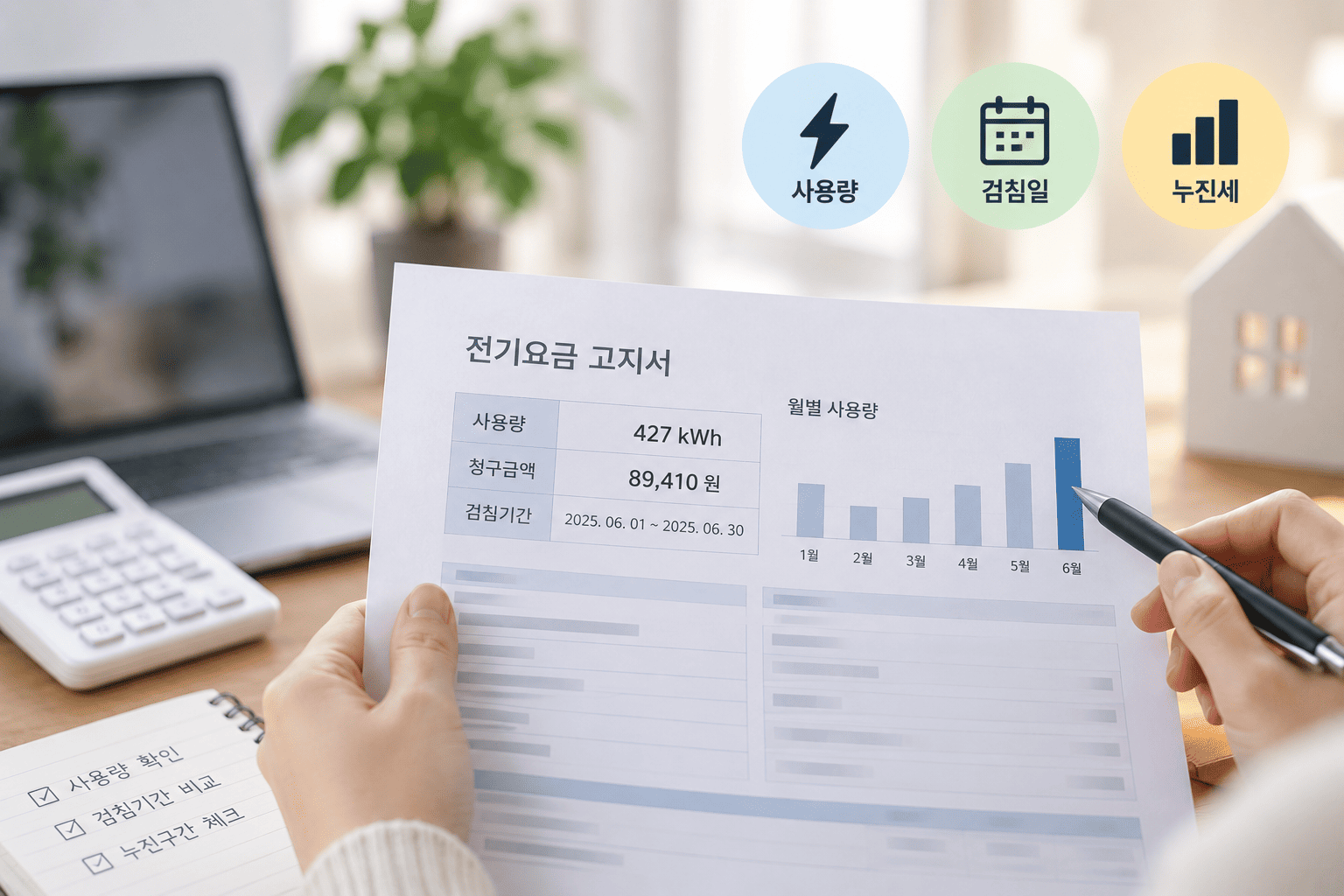 전기 사용량과 누진구간을 함께 비교해 전기요금을 확인하는 모습