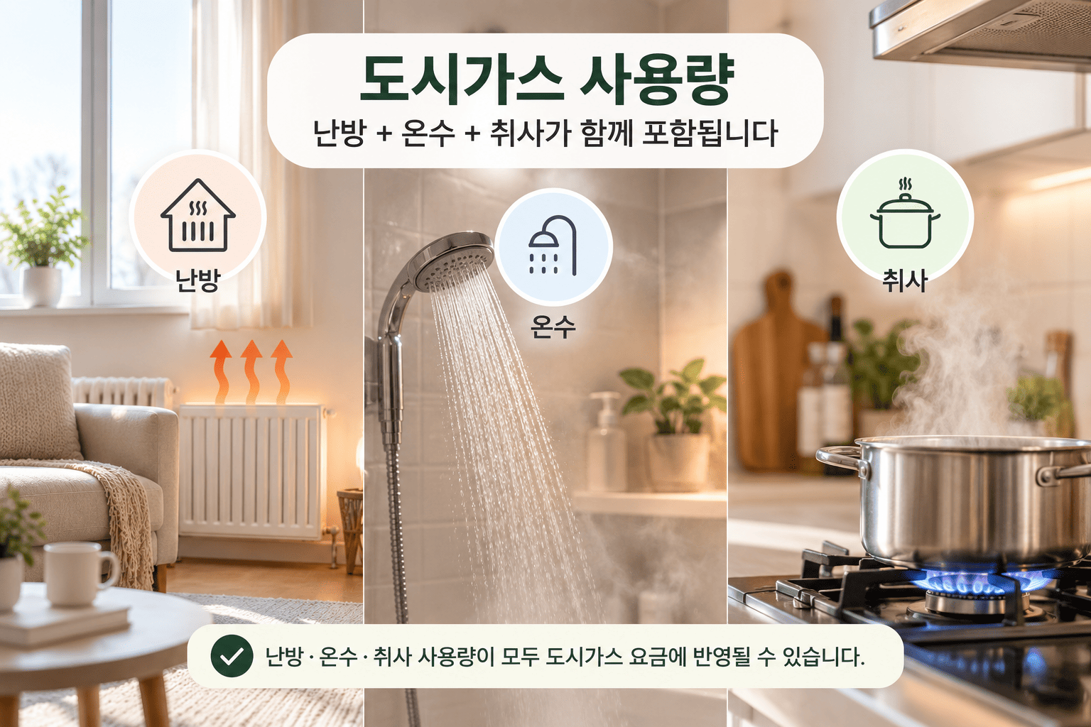 가정에서 난방과 온수 사용이 도시가스 사용량에 함께 영향을 주는 모습