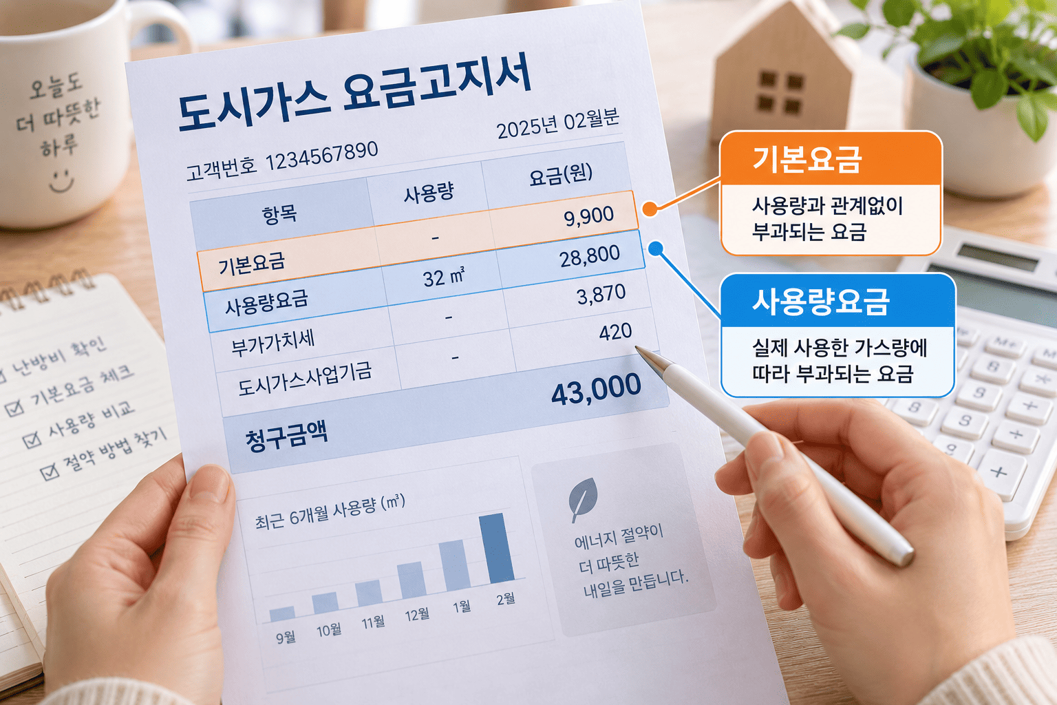 도시가스 고지서에서 기본요금과 사용량에 따른 요금을 구분해 확인하는 모습