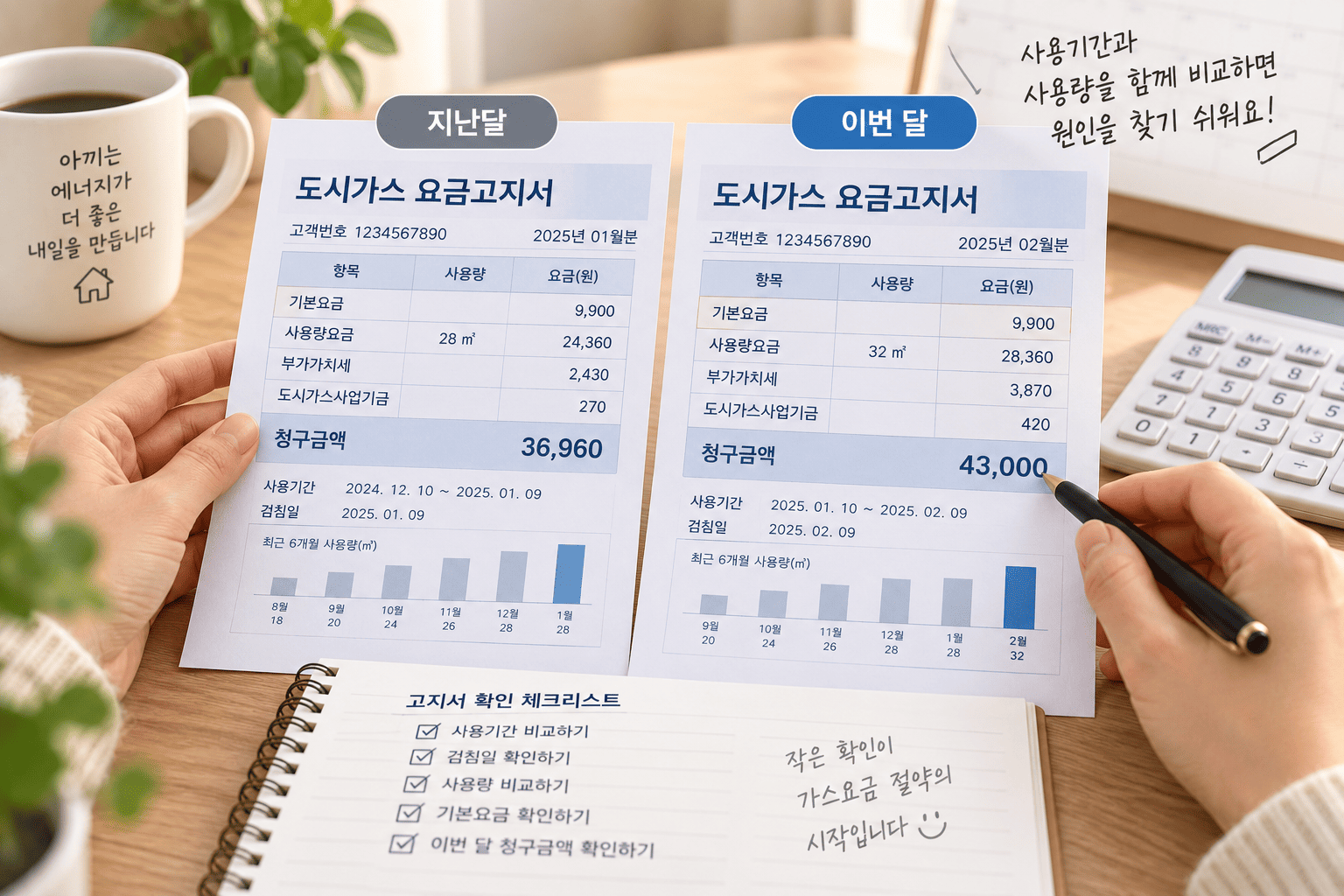 난방비 고지서에서 사용기간 사용량 기본요금과 지난달 기록을 비교하는 모습