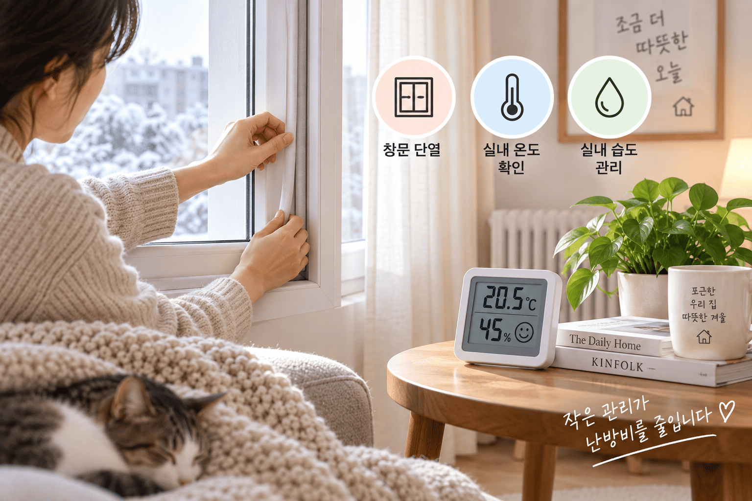 겨울철 가정에서 창문 단열과 실내 온습도를 함께 확인하는 모습