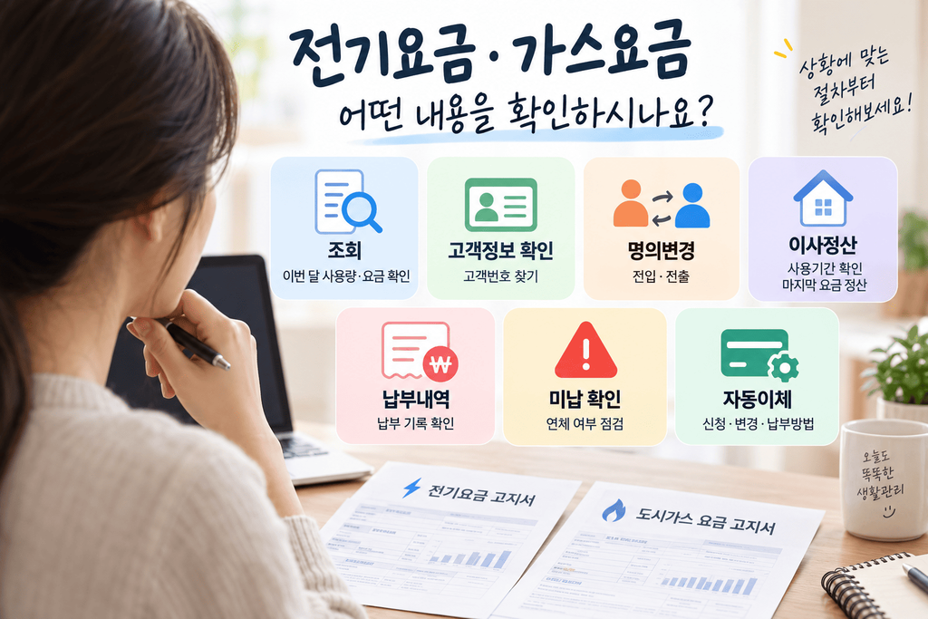 전기요금과 도시가스 조회 계약 정산 납부 업무를 상황별로 구분하는 모습