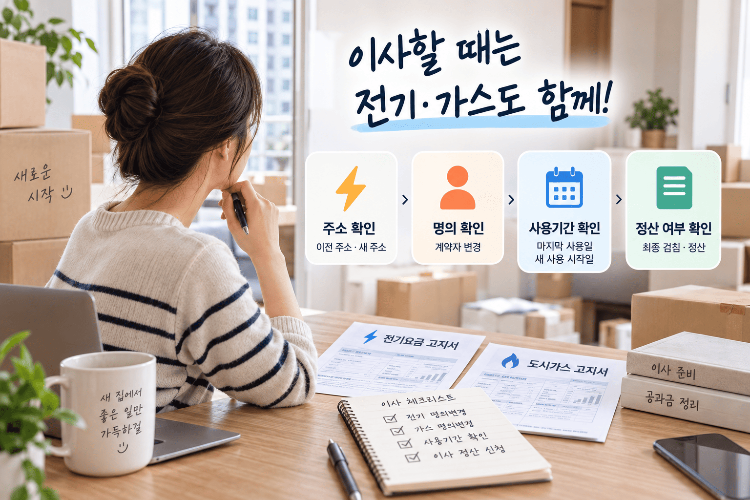 이사 전후 전기요금과 도시가스의 주소 명의 사용기간을 확인하는 모습