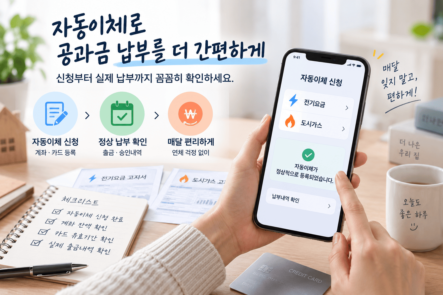 공과금 자동이체와 실제 계좌 출금 여부를 함께 확인하는 모습
