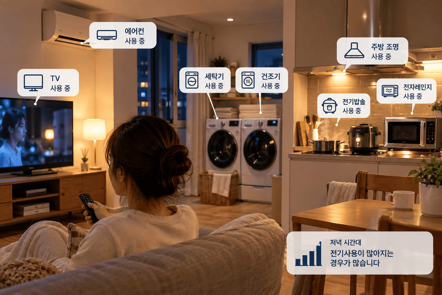 저녁 시간대 여러 가전제품을 동시에 사용하는 가정의 전력 사용 모습